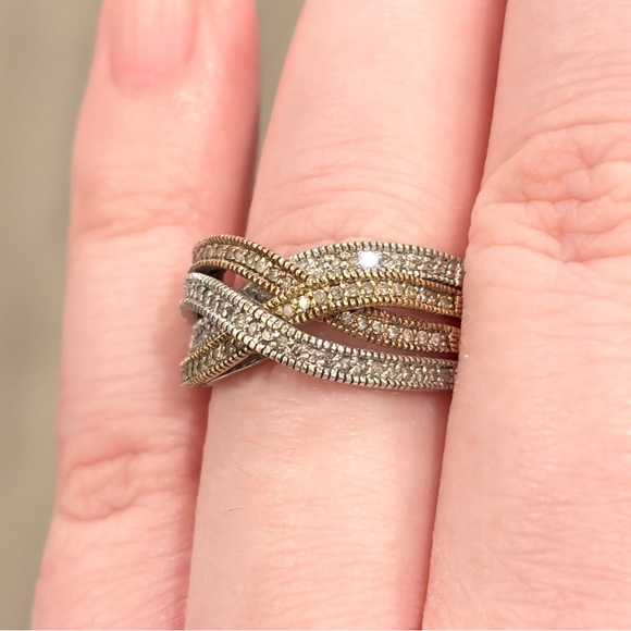 Tricolor 14K 925 Diamond Layered Band Thick Half Eternity Yellow Rose Gold 7.25 - Picture 9 of 17